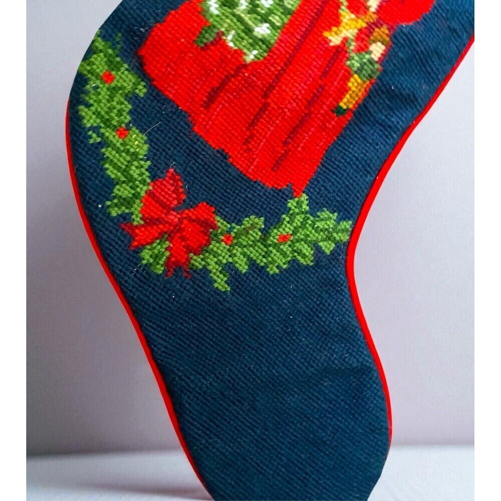 Needlepoint Santa and Teddy Bear Large Christmas Stocking Toys Tree Bow Vintage - Picture 3 of 7